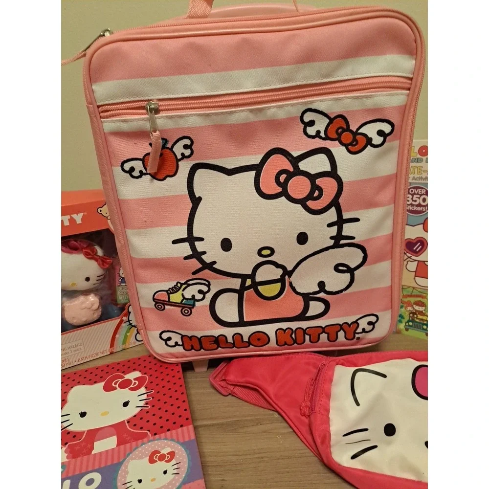 hello kitty bundle- 5 pieces- Backpack, Fannypack, Sticker book, Desk Set, Bath
